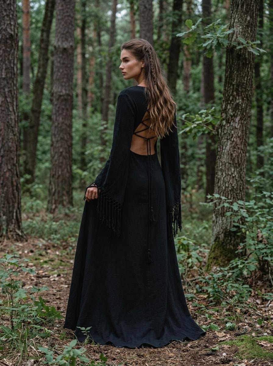 Black goddess maxi dress with fringe macrame sleeves, deep V neckline and open back — handmade in Bali (view 7)