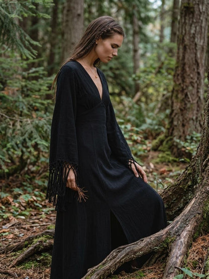 Black goddess maxi dress with fringe macrame sleeves, deep V neckline and open back — handmade in Bali (view 8)