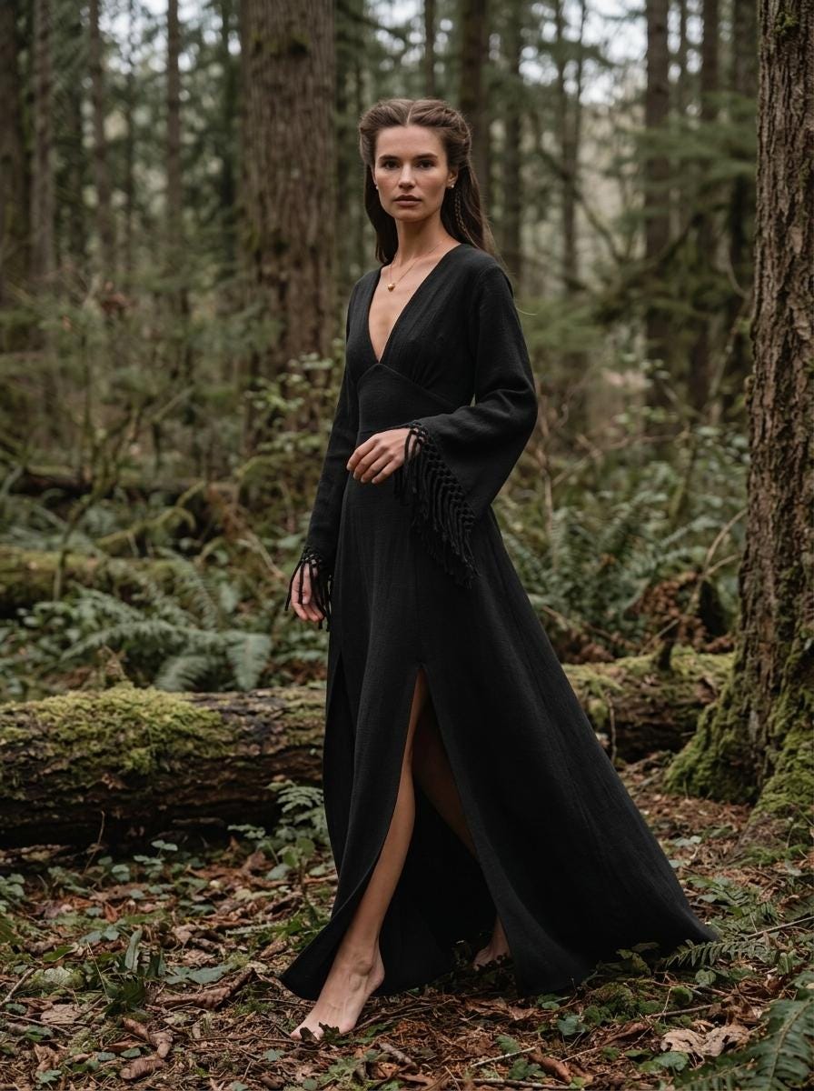 Black goddess maxi dress with fringe macrame sleeves, deep V neckline and open back — handmade in Bali (view 9)