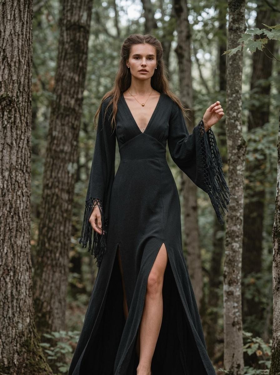 Black goddess maxi dress with fringe macrame sleeves, deep V neckline and open back — handmade in Bali (view 5)