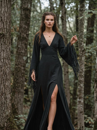 Black goddess maxi dress with fringe macrame sleeves, deep V neckline and open back — handmade in Bali (view 5)