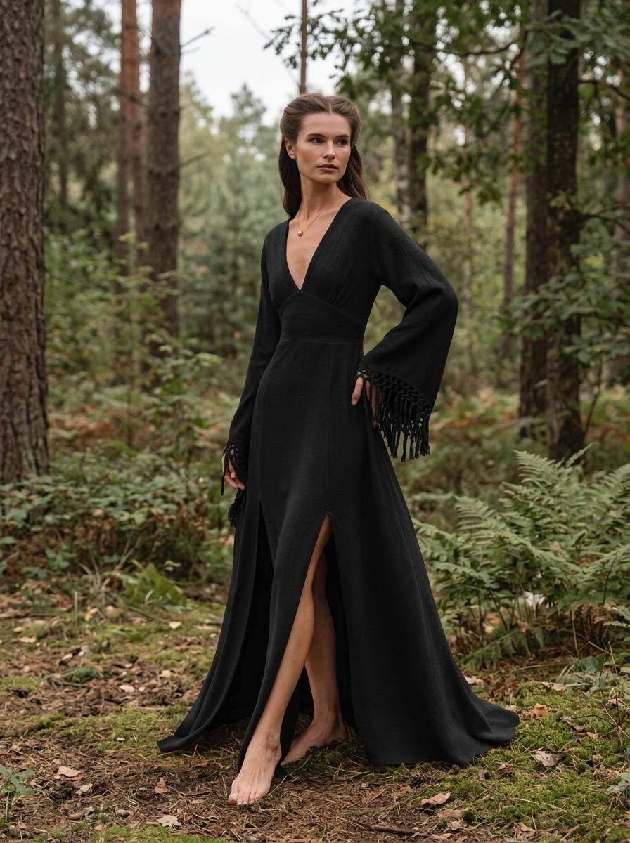 Black goddess maxi dress with fringe macrame sleeves, deep V neckline and open back — handmade in Bali
