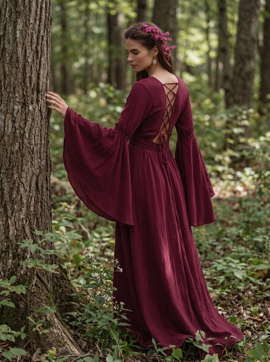 Burgundy Elven Dress: Bell Sleeve Boho Fairy Gown