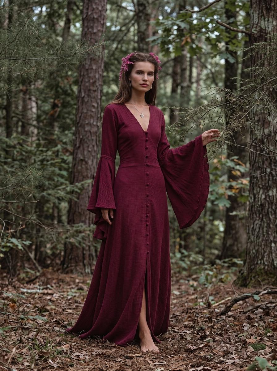 Burgundy Elven Dress: Bell Sleeve Boho Fairy Gown