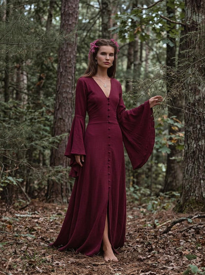 Burgundy Elven Dress: Bell Sleeve Boho Fairy Gown