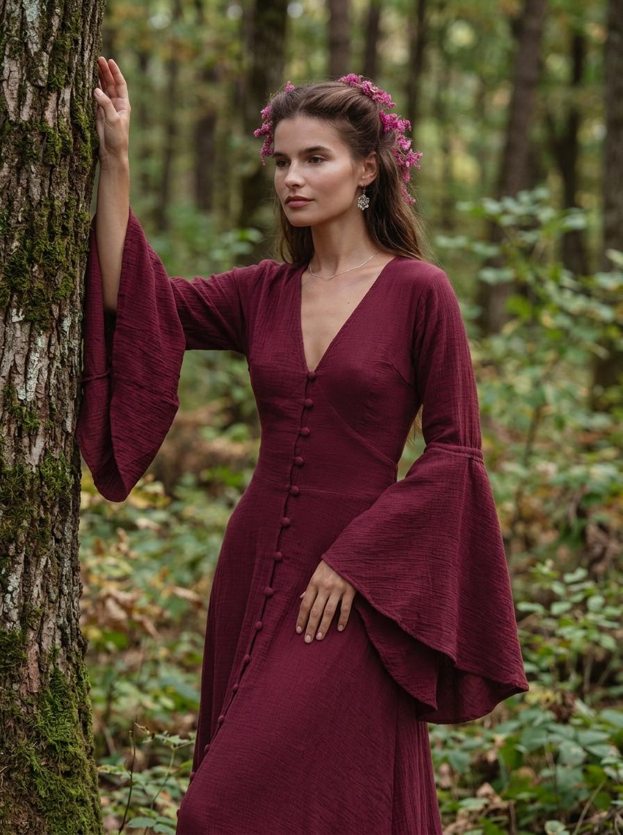 Burgundy Elven Dress: Bell Sleeve Boho Fairy Gown
