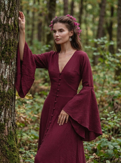 Burgundy Elven Dress: Bell Sleeve Boho Fairy Gown