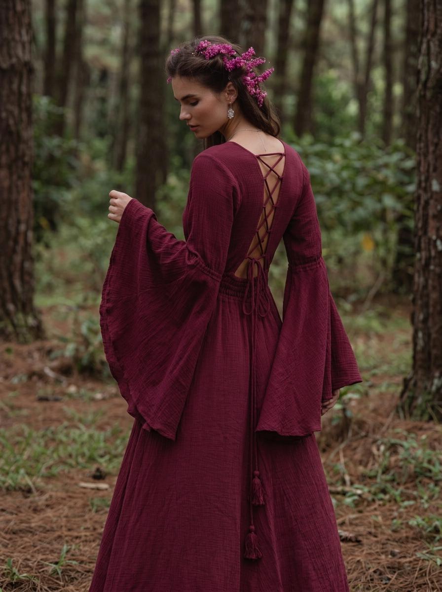Burgundy Elven Dress: Bell Sleeve Boho Fairy Gown
