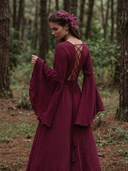 Burgundy Elven Dress: Bell Sleeve Boho Fairy Gown