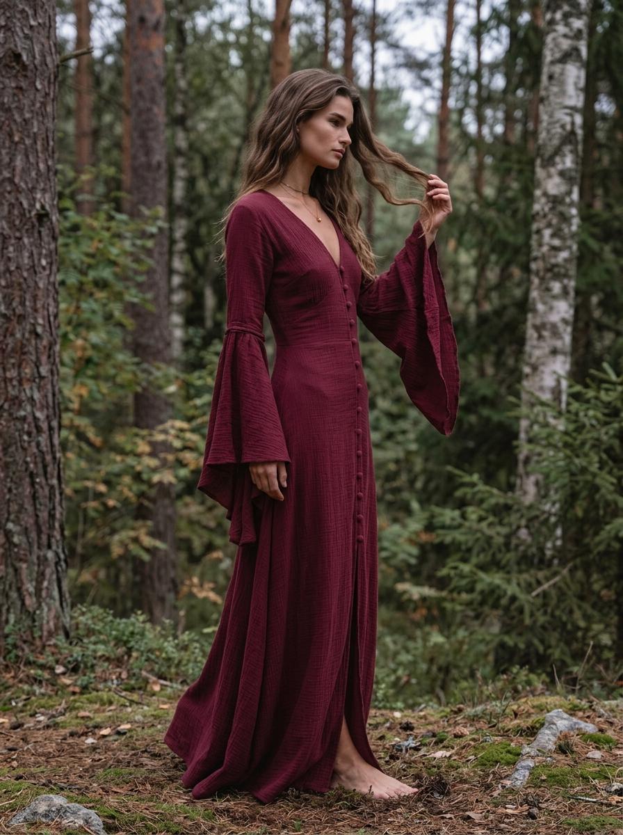 Burgundy Elven Dress: Bell Sleeve Boho Fairy Gown