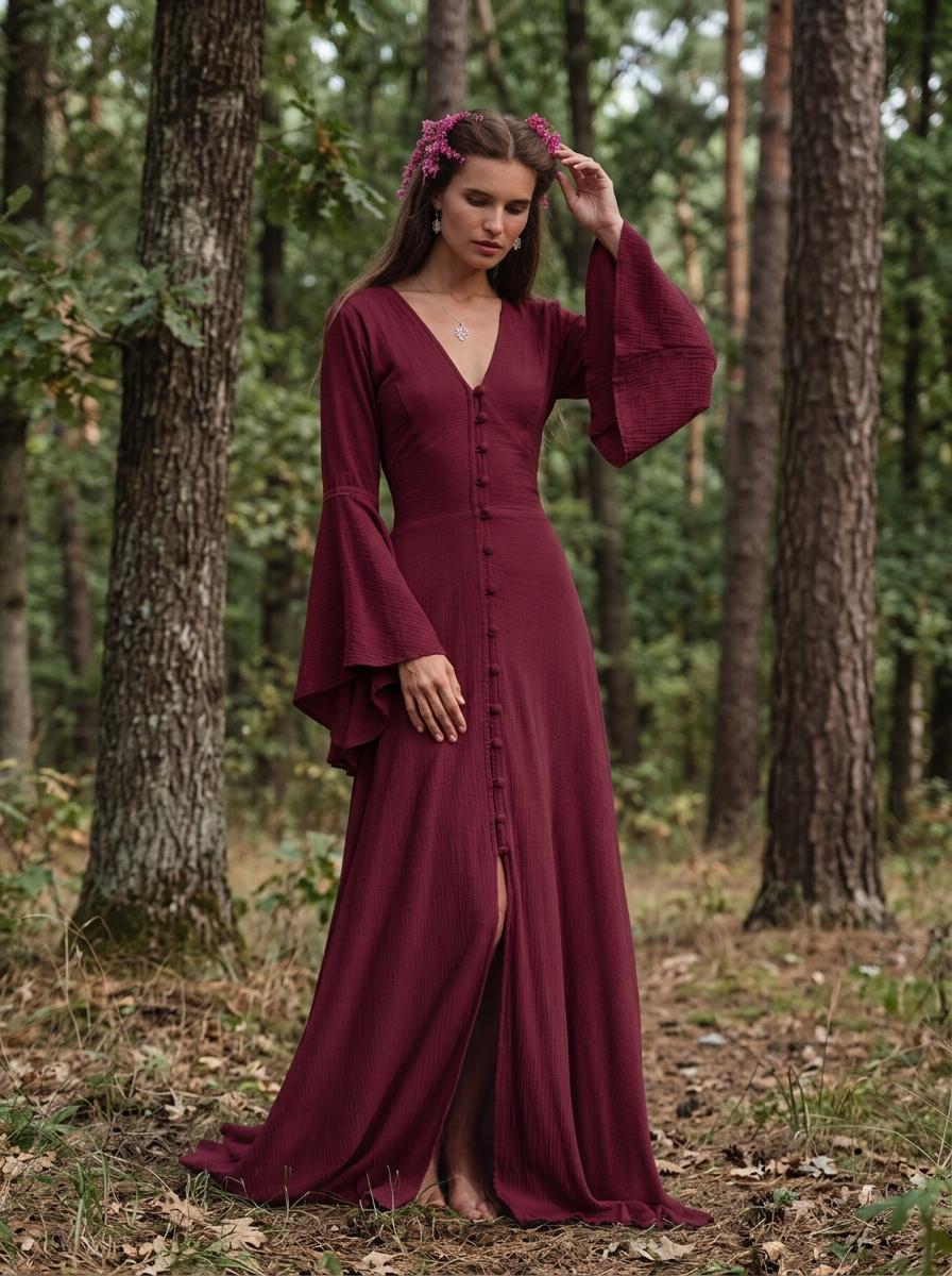 Burgundy Elven Dress: Bell Sleeve Boho Fairy Gown