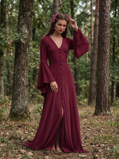 Burgundy Elven Dress: Bell Sleeve Boho Fairy Gown
