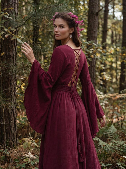 Burgundy Elven Dress: Bell Sleeve Boho Fairy Gown