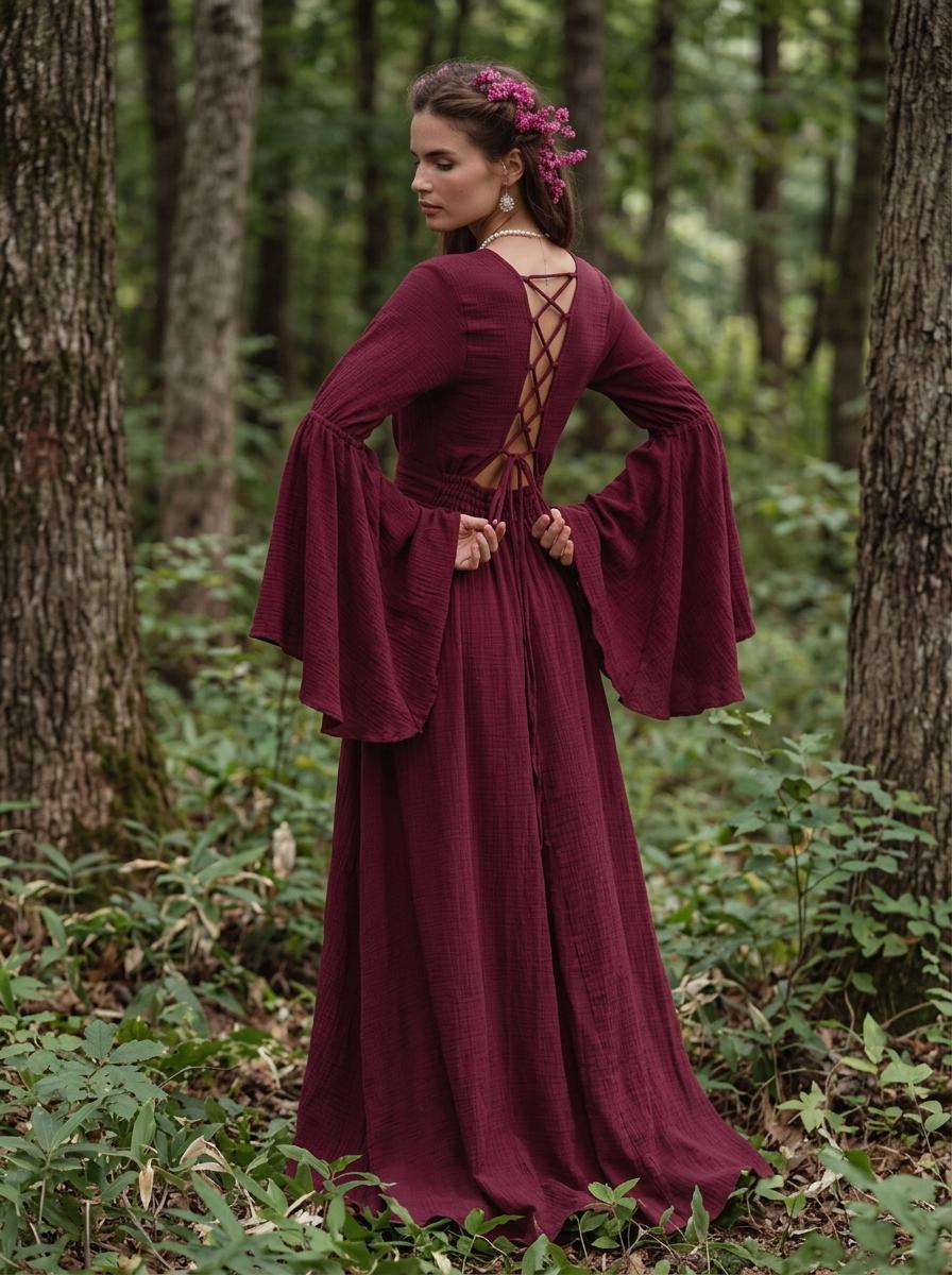 Burgundy Elven Dress: Bell Sleeve Boho Fairy Gown