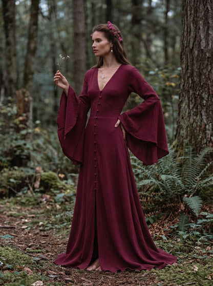 Burgundy Elven Dress: Bell Sleeve Boho Fairy Gown