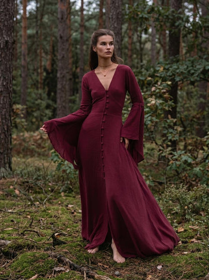 Burgundy Elven Dress: Bell Sleeve Boho Fairy Gown