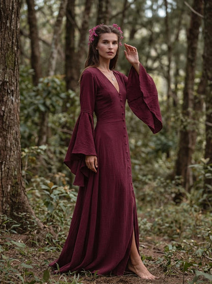 Burgundy Elven Dress: Bell Sleeve Boho Fairy Gown