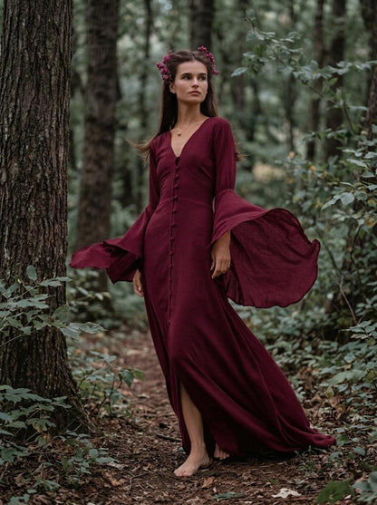 Burgundy Elven Dress: Bell Sleeve Boho Fairy Gown