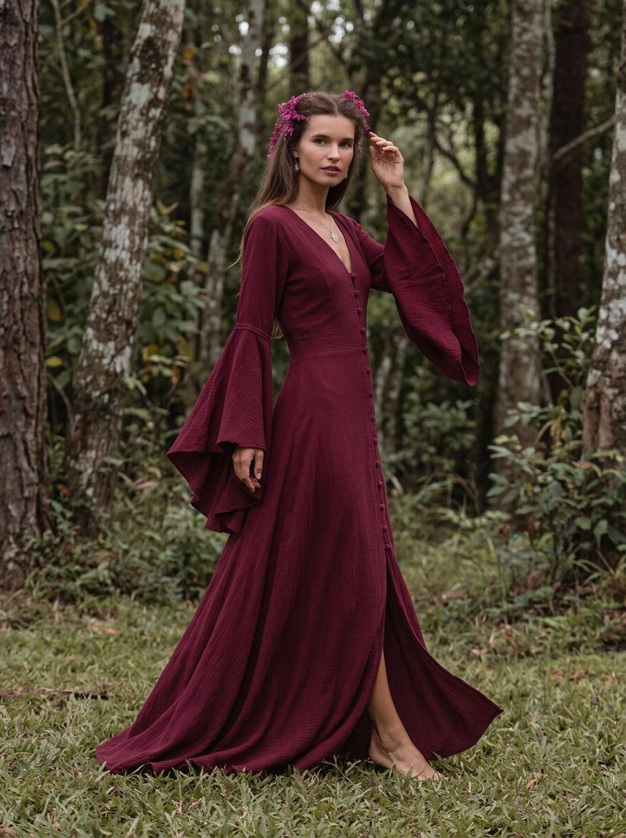Burgundy Elven Dress: Bell Sleeve Boho Fairy Gown