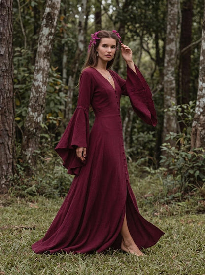 Burgundy Elven Dress: Bell Sleeve Boho Fairy Gown