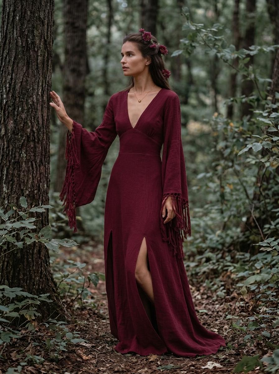 Burgundy goddess maxi dress with deep V neckline, open back and fringe macrame sleeves — handmade in Bali (view 9)