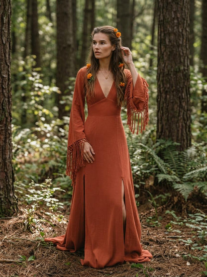 Burnt orange goddess maxi dress with deep V neckline, open back and fringe macrame sleeves — handmade in Bali (view 4)