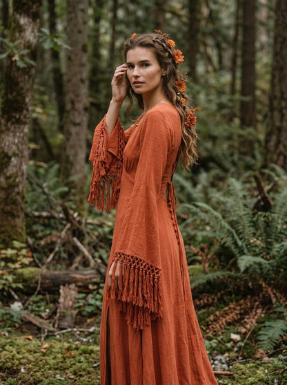 Burnt orange goddess maxi dress with deep V neckline, open back and fringe macrame sleeves — handmade in Bali (view 8)