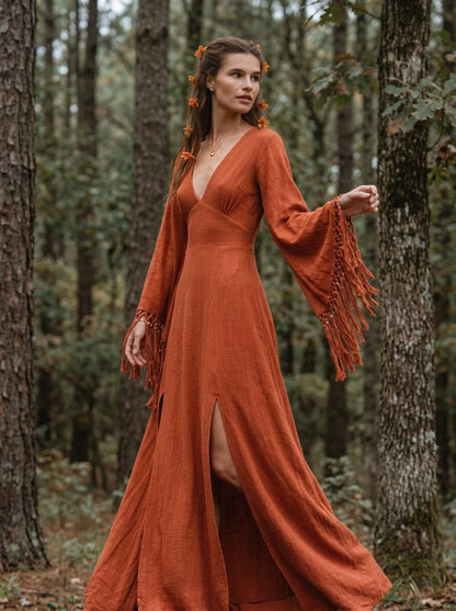 Burnt orange goddess maxi dress with deep V neckline, open back and fringe macrame sleeves — handmade in Bali (view 2)