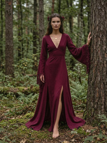 Burgundy goddess maxi dress with deep V neckline, open back and fringe macrame sleeves — handmade in Bali (view 11)