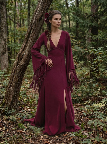 Burgundy goddess maxi dress with deep V neckline, open back and fringe macrame sleeves — handmade in Bali (view 4)