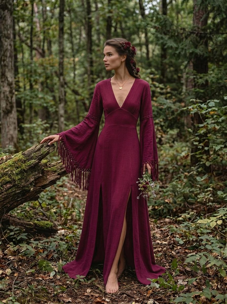Burgundy goddess maxi dress with deep V neckline, open back and fringe macrame sleeves — handmade in Bali