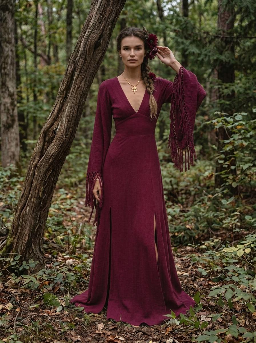 Burgundy goddess maxi dress with deep V neckline, open back and fringe macrame sleeves — handmade in Bali (view 5)