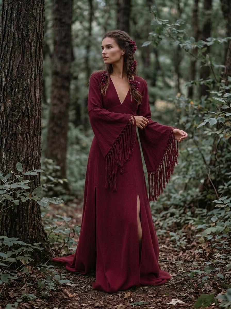 Burgundy goddess maxi dress with deep V neckline, open back and fringe macrame sleeves — handmade in Bali (view 8)