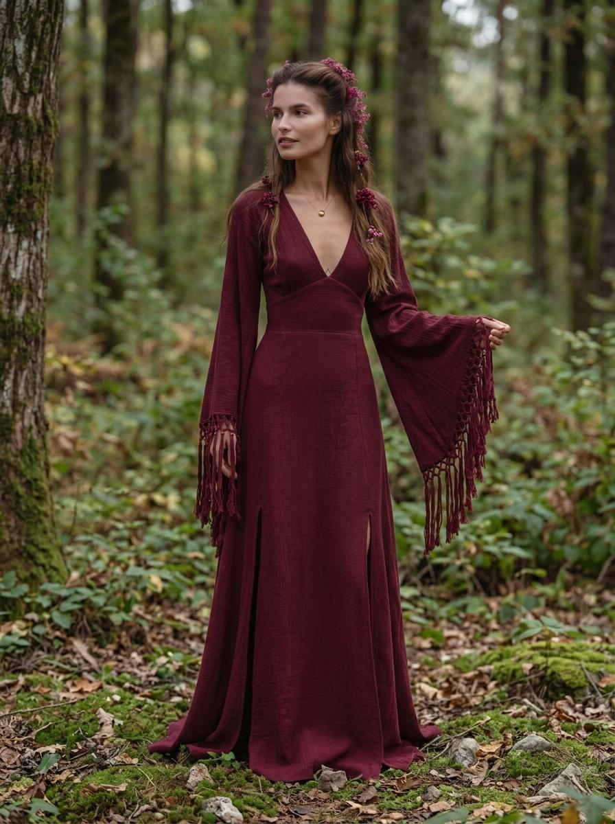 Burgundy goddess maxi dress with deep V neckline, open back and fringe macrame sleeves — handmade in Bali (view 7)