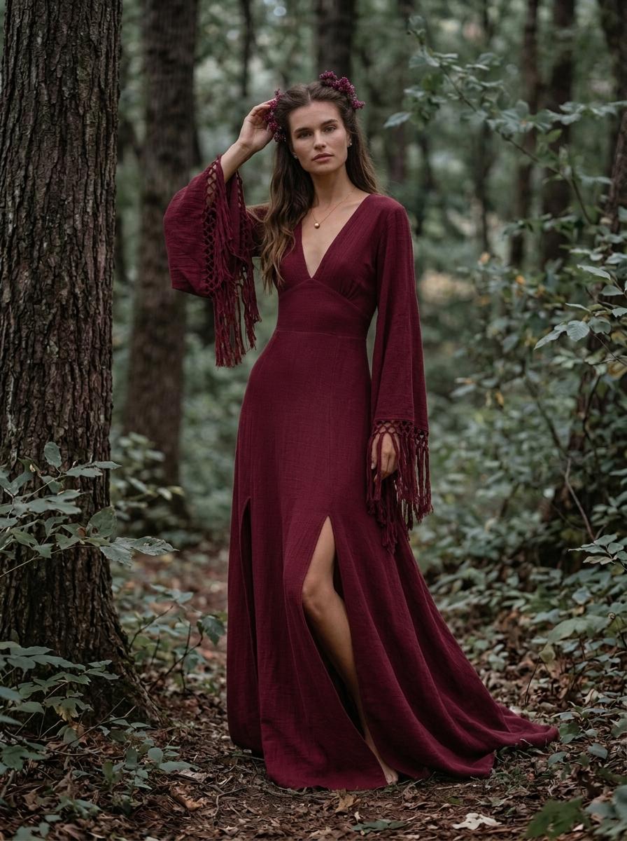 Burgundy goddess maxi dress with deep V neckline, open back and fringe macrame sleeves — handmade in Bali (view 10)
