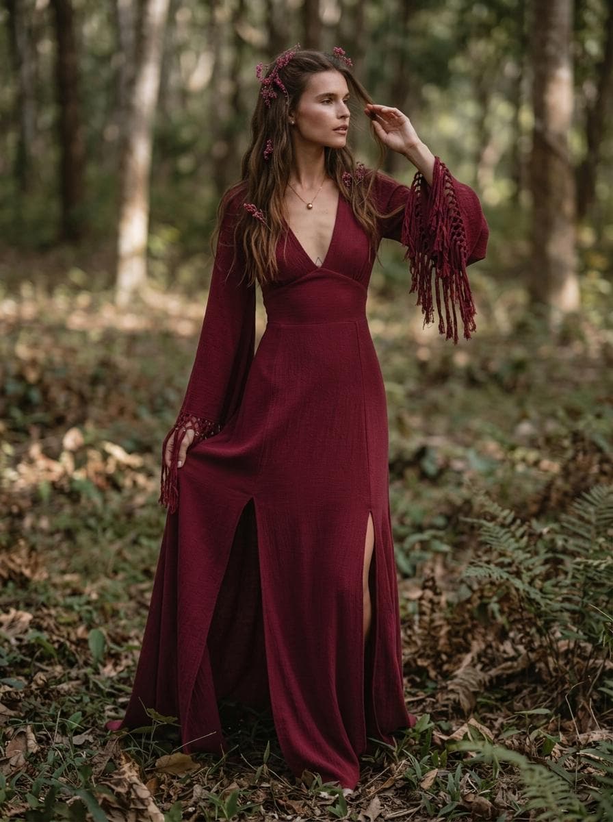 Burgundy goddess maxi dress with deep V neckline, open back and fringe macrame sleeves — handmade in Bali (view 6)
