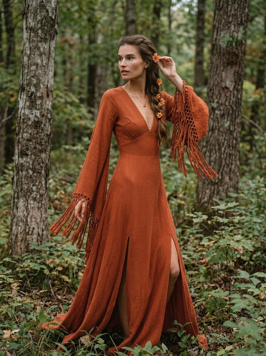 Burnt orange goddess maxi dress with deep V neckline, open back and fringe macrame sleeves — handmade in Bali