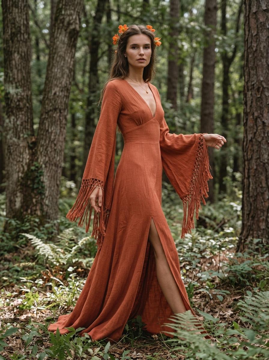 Burnt orange goddess maxi dress with deep V neckline, open back and fringe macrame sleeves — handmade in Bali (view 7)