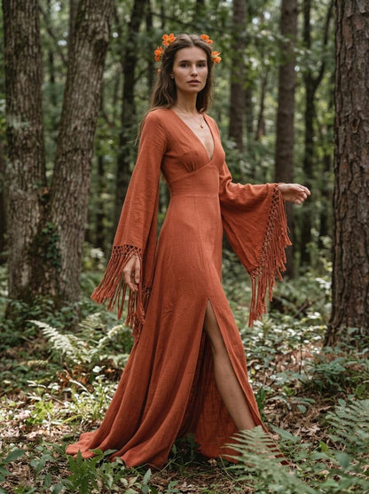 Burnt orange goddess maxi dress with deep V neckline, open back and fringe macrame sleeves — handmade in Bali (view 7)
