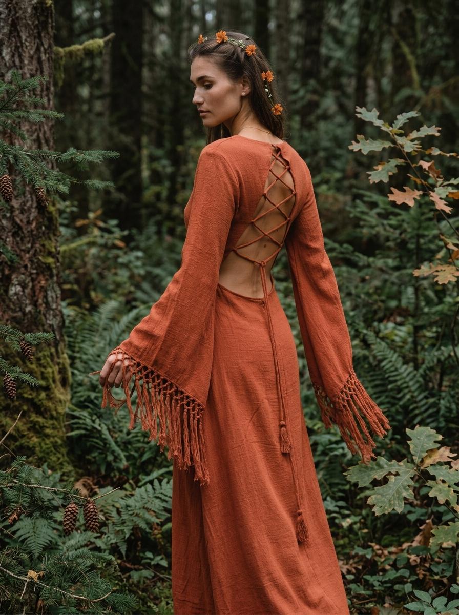 Burnt orange goddess maxi dress with deep V neckline, open back and fringe macrame sleeves — handmade in Bali (view 3)