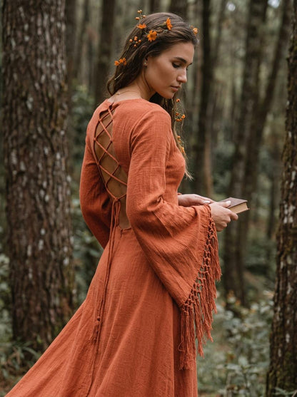 Burnt orange goddess maxi dress with deep V neckline, open back and fringe macrame sleeves — handmade in Bali (view 6)
