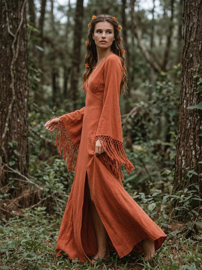 Burnt orange goddess maxi dress with deep V neckline, open back and fringe macrame sleeves — handmade in Bali (view 5)