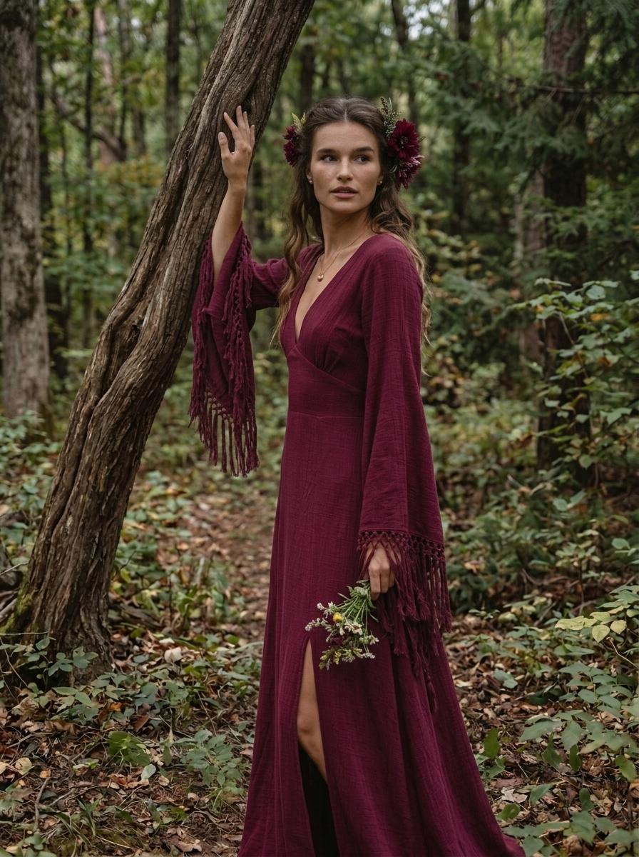 Burgundy goddess maxi dress with deep V neckline, open back and fringe macrame sleeves — handmade in Bali (view 2)