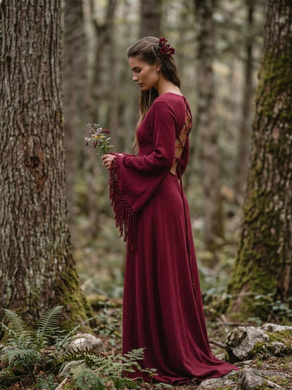 Burgundy goddess maxi dress with deep V neckline, open back and fringe macrame sleeves — handmade in Bali (view 3)