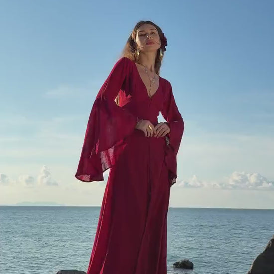 RED ELVEN DRESS • Goddess dress • Red boho dress • Medieval d