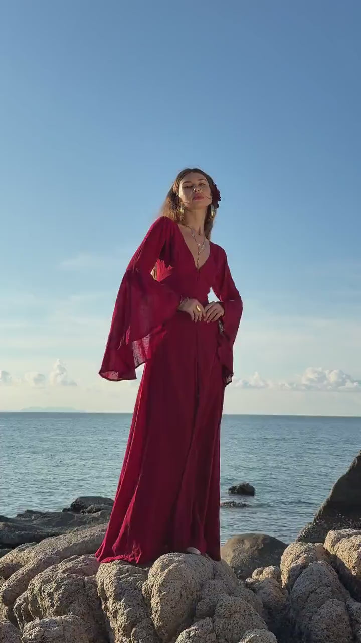 RED ELVEN DRESS • Goddess dress • Red boho dress • Medieval d