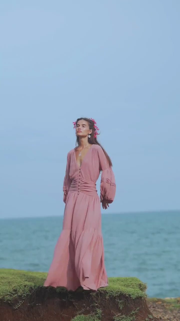Dusty Rose Puff Sleeve Maxi Dress • Handmade Organic Cotton G