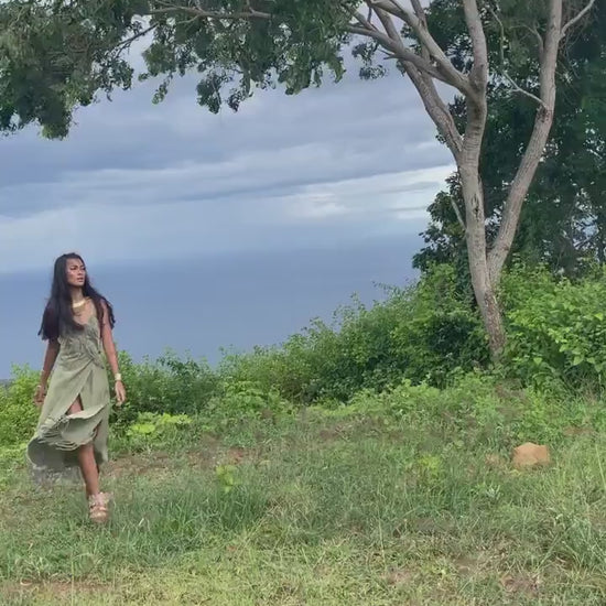 Green Linen Wrap Dress: Organic Cotton Maxi, Boho Festival Dr