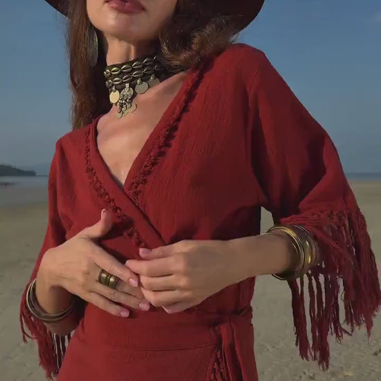 RED BOHO DRESS ꧁Kayame꧂ Fringe bohemian dress • Boho maxi dre