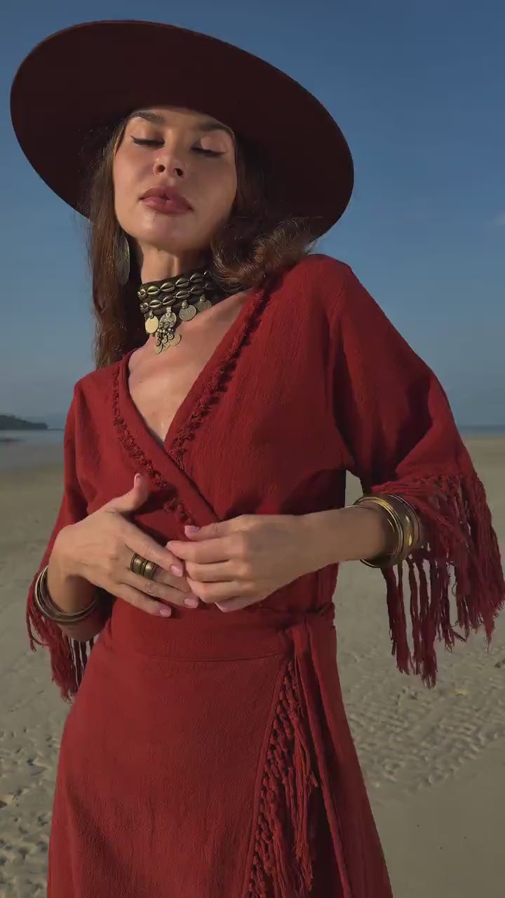 RED BOHO DRESS ꧁Kayame꧂ Fringe bohemian dress • Boho maxi dre